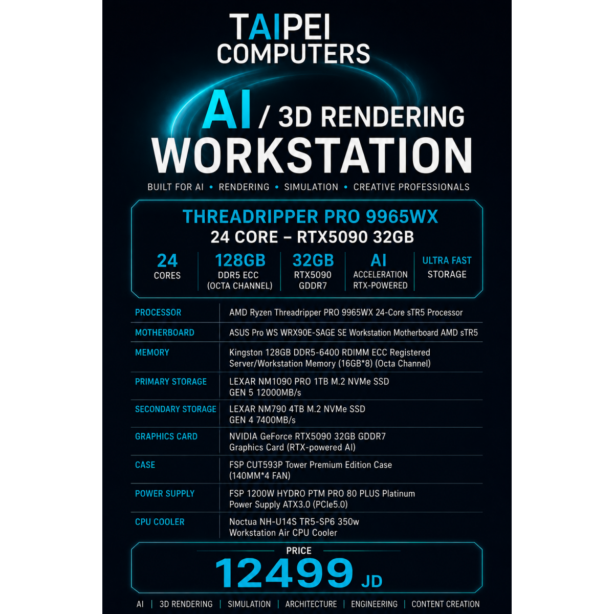 Taipei AI/3D Rendering Workstation Threadripper PRO 9965WX 24 CORE -RTX5090 32GB D7 (RTX-powered AI)-128GB D5 6400 RDIMM ECC Registered (Octa Channel)-1TB GEN 5 12000MB/s +4TB GEN 4 7400MB/s Taipei AI/3D Rendering Workstation Threadripper PRO 9965WX 24 CORE -RTX5090 32GB D7 (RTX-powered AI)-128GB D5 6400 RDIMM ECC Registered (Octa Channel)-1TB GEN 5 12000MB/s +4TB GEN 4 7400MB/s