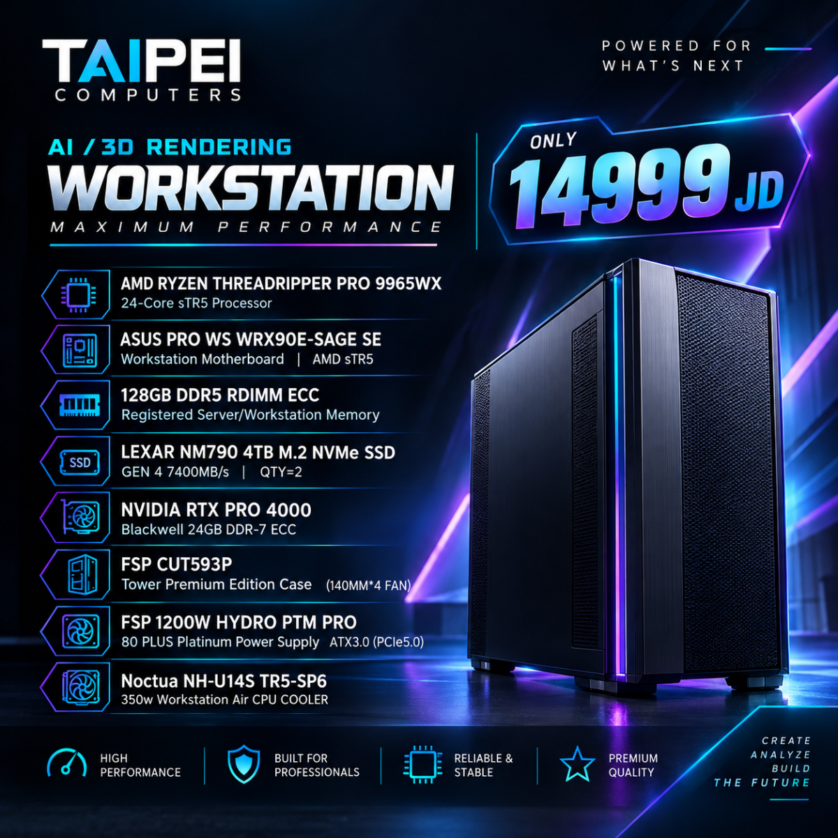 Taipei AI/3D Rendering Workstation Threadripper PRO 9965WX 24 CORE -RTX PRO 4000 24GB DDR-7 ECC-128GB D5 RDIMM ECC Registered-8TB GEN 4 7400MB/s NVME (4TB*2) Taipei AI/3D Rendering Workstation Threadripper PRO 9965WX 24 CORE -RTX PRO 4000 24GB DDR-7 ECC-128GB D5 RDIMM ECC Registered-8TB GEN 4 7400MB/s NVME (4TB*2)