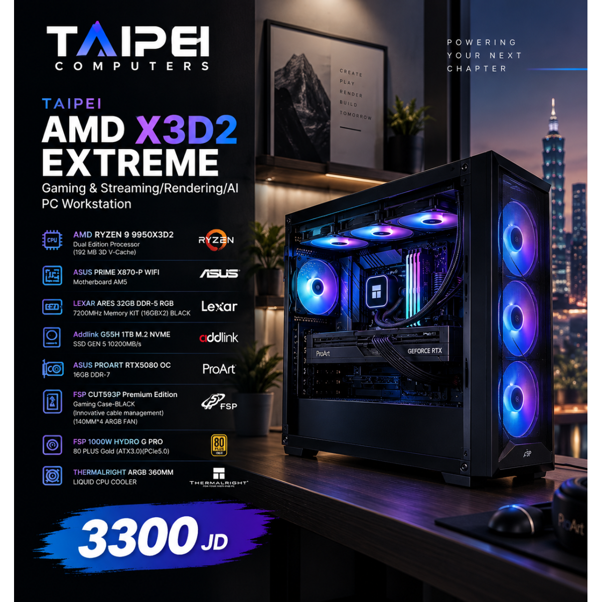 Taipei AMD X3D2 EXTREME Gaming & Streaming/Rendering/AI PC Workstation 2026 RYZEN 9 9950X3D2 Dual Edition-PROART RTX5080 16GB D7-32GB 7200MHZ-GEN 5 10200MB/s Nvme Taipei AMD X3D2 EXTREME Gaming & Streaming/Rendering/AI PC Workstation 2026 RYZEN 9 9950X3D2 Dual Edition-PROART RTX5080 16GB D7-32GB 7200MHZ-GEN 5 10200MB/s Nvme