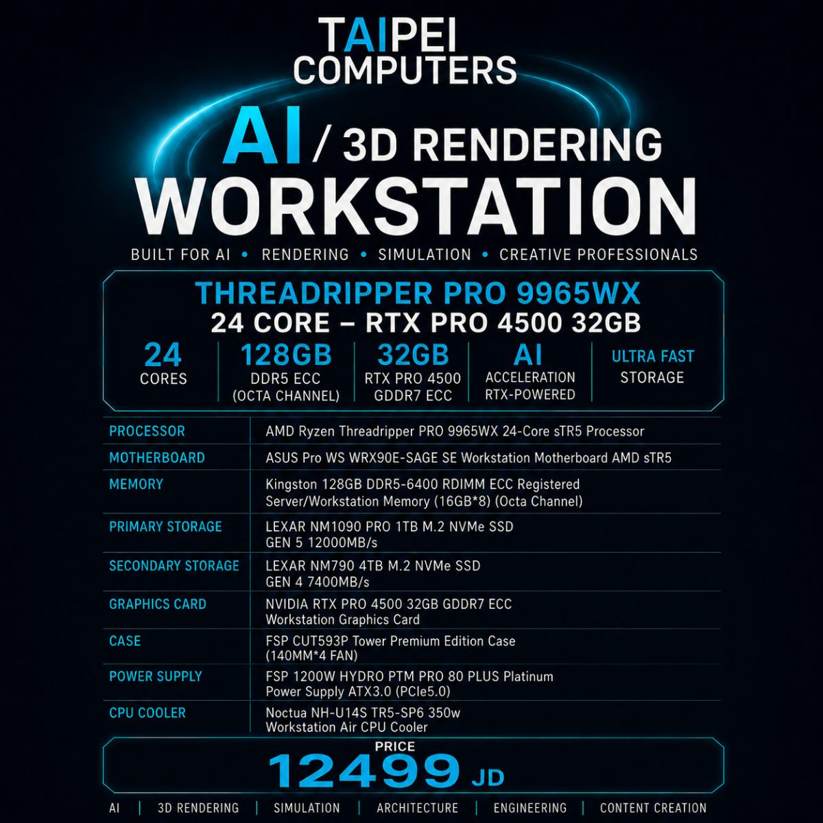 Taipei AI/3D Rendering Workstation Threadripper PRO 9965WX 24 CORE -RTX PRO 4500 32GB DDR-7 ECC-128GB D5 6400 RDIMM ECC Registered (Octa Channel)-1TB GEN 5 12000MB/s +4TB GEN 4 7400MB/s Taipei AI/3D Rendering Workstation Threadripper PRO 9965WX 24 CORE -RTX PRO 4500 32GB DDR-7 ECC-128GB D5 6400 RDIMM ECC Registered (Octa Channel)-1TB GEN 5 12000MB/s +4TB GEN 4 7400MB/s