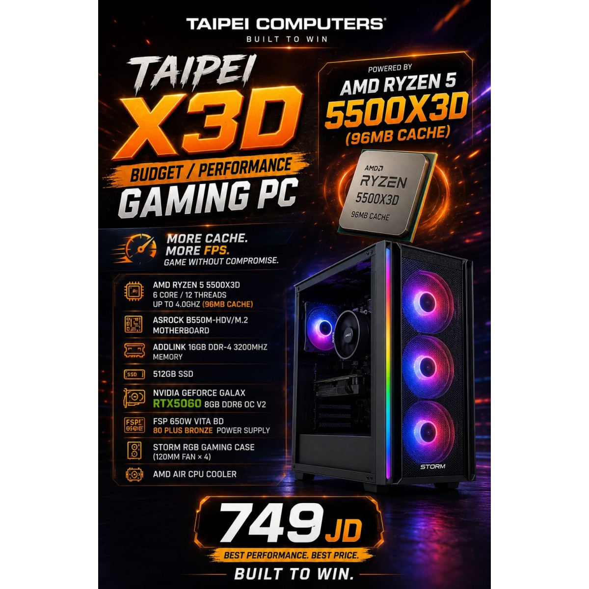 Taipei X3D Budget/Performance Gaming PC-Ryzen 5 5500X3D (96MB Cache) -RTX5060 8GB D7-16GB D4 Taipei X3D Budget/Performance Gaming PC-Ryzen 5 5500X3D (96MB Cache) -RTX5060 8GB D7-16GB D4