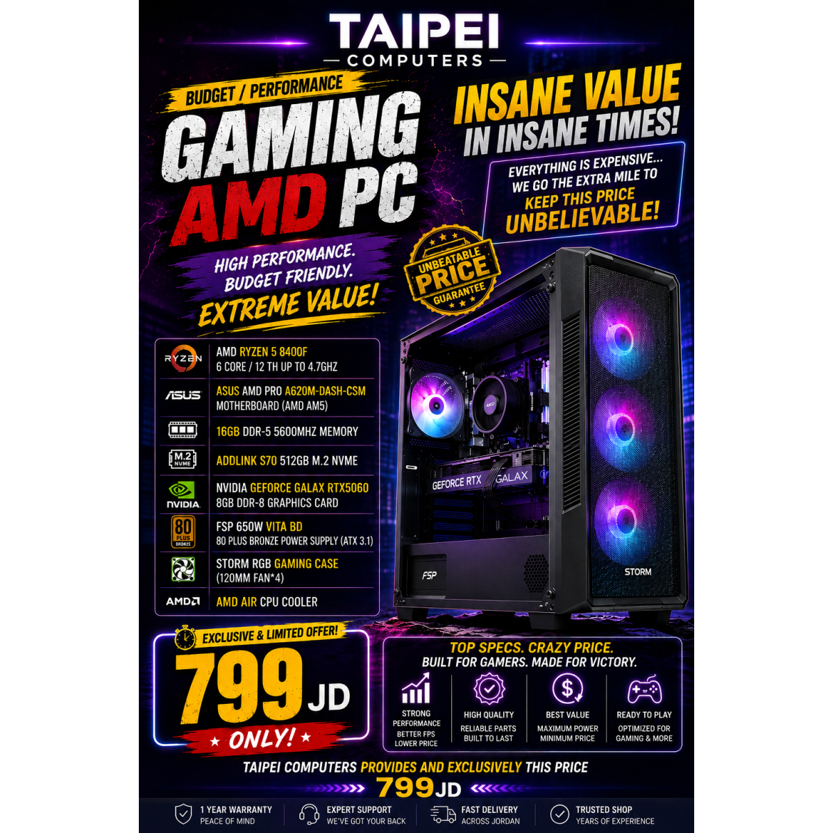 Taipei Budget/Performance Gaming AMD PC-Ryzen 5 8400F Up To 4.7GHZ /RTX5060/16GB D5 (799JD) Taipei Budget/Performance Gaming AMD PC-Ryzen 5 8400F Up To 4.7GHZ /RTX5060/16GB D5 (799JD)