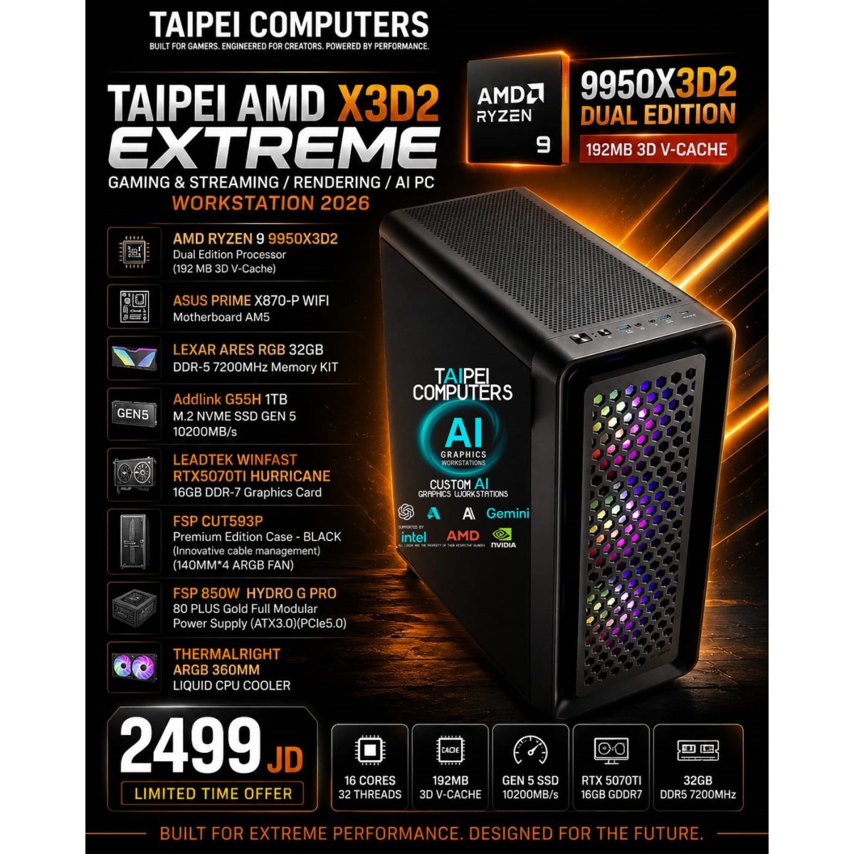 Taipei AMD X3D2 EXTREME Gaming & Streaming/Rendering/AI PC Workstation 2026 RYZEN 9 9950X3D2 Dual Edition-RTX5070TI 16GB D7-32GB 7200MHZ-GEN 5 10200MB/s Nvme Taipei AMD X3D2 EXTREME Gaming & Streaming/Rendering/AI PC Workstation 2026 RYZEN 9 9950X3D2 Dual Edition-RTX5070TI 16GB D7-32GB 7200MHZ-GEN 5 10200MB/s Nvme