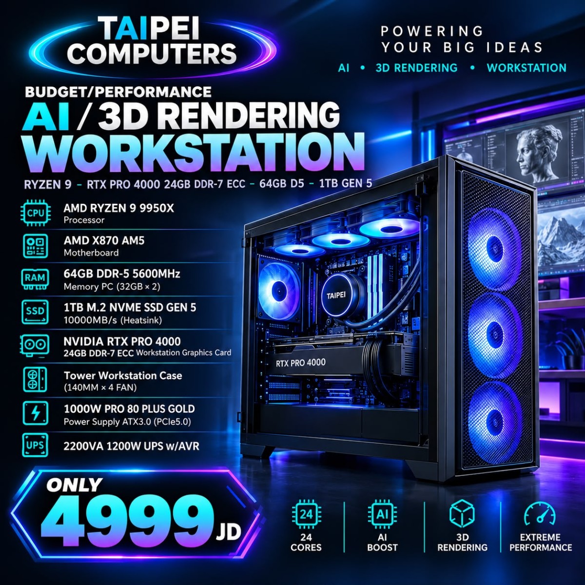 Taipei Budget/Performance AI/3D Rendering Workstation RYZEN 9-RTX PRO 4000 24GB DDR-7 ECC-64GB D5-1TB GEN 5 Taipei Budget/Performance AI/3D Rendering Workstation RYZEN 9-RTX PRO 4000 24GB DDR-7 ECC-64GB D5-1TB GEN 5
