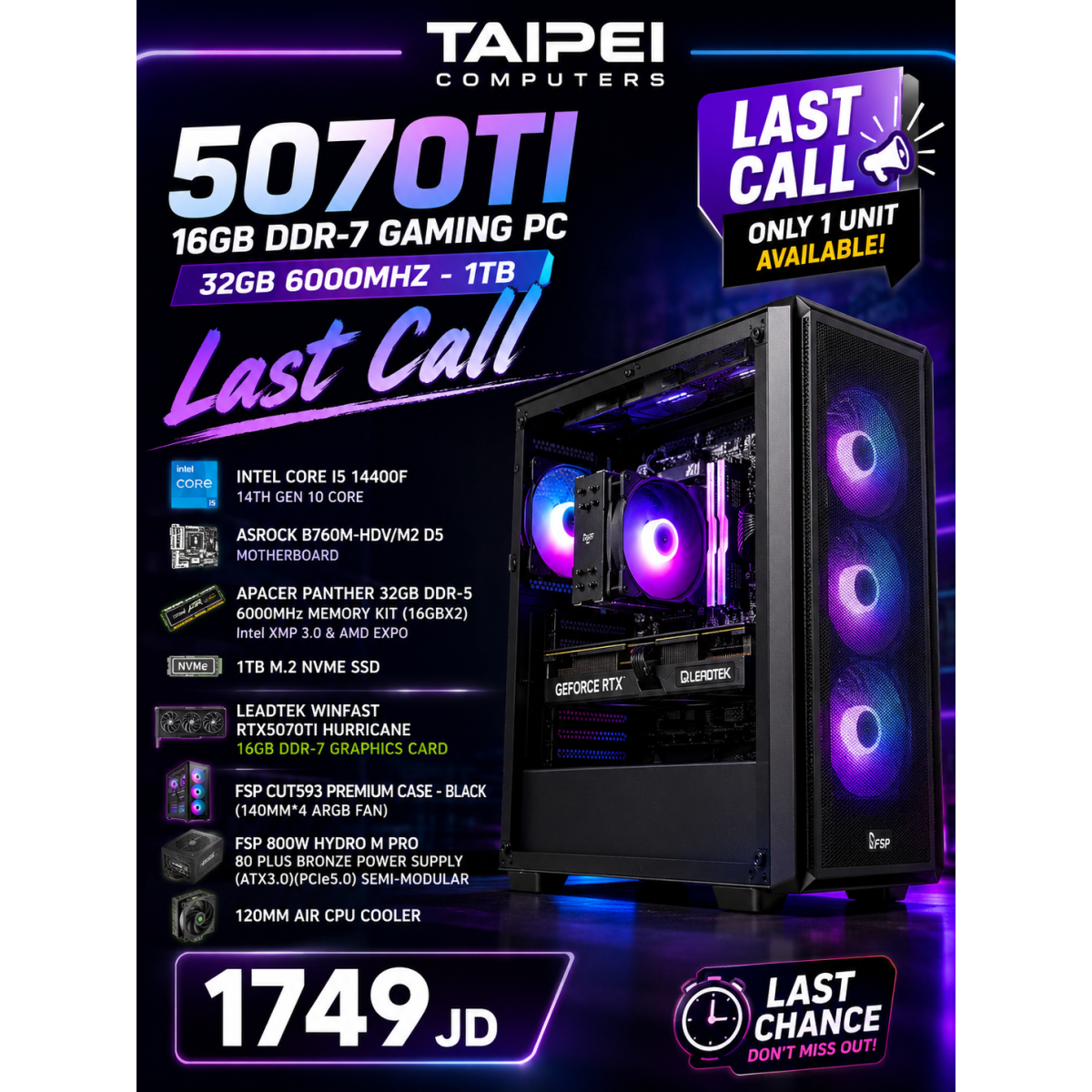 Taipei 5070TI 16GB DDR-7 Gaming PC-32GB 6000MHZ-1TB (Last Call) Taipei 5070TI 16GB DDR-7 Gaming PC-32GB 6000MHZ-1TB (Last Call)